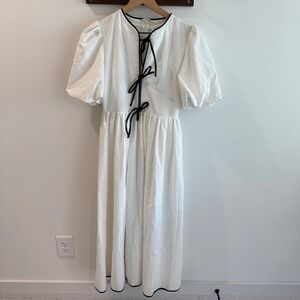 NWT Modenaire White Puff Sleeve Midi Dress Black Faux Leather Ties & Trim Small